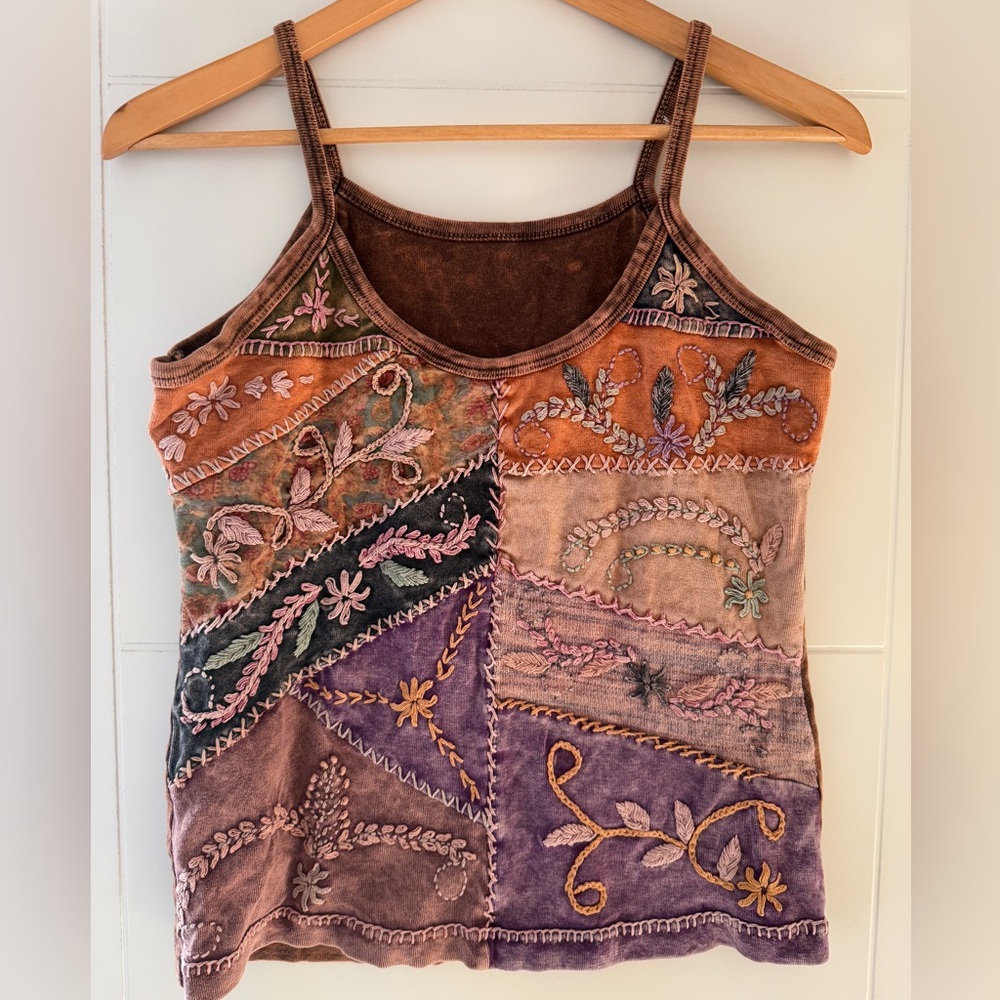 Embroidered Patchwork Velvet Camisole - Multicolor